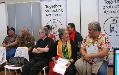Some of the group of Pasifika Catholics waiting for their Pfizer vaccine 9 June. Back row from left M